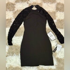 Sequin Hearts Black Dress with Lace Long Sleeves & Open back